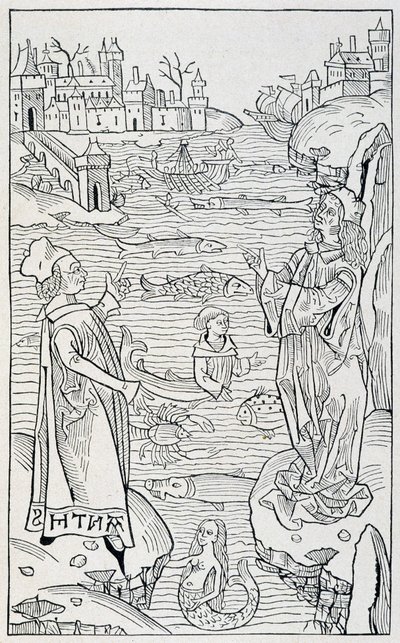 海洋動物と怪物-1491年マインツ版『Hortus Sanitatis』の「De Piscibus」の章のタイトルページ 作： Unknown artist