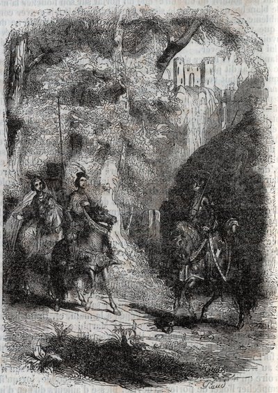 マルフィズ（マルフィサ）と老婆がピナベル（ピナベロ）に出会う-1851年の版画、アリオスタとして知られるルドヴィコ・アリオストの「激情のロラン」（Orlando furioso）（16世紀）より-トレッサン伯爵がイタリア語から翻訳して出版された版 作： Unknown artist