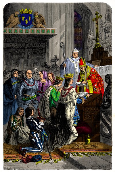 1491年12月13日にランジェ城で行われたシャルル8世（1470-1498）とブルターニュのアンヌ（1477-1514）の結婚、19世紀のエングレーヴィング。 作： Unknown artist