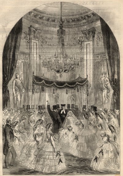 アルフォンス・ド・ロートシルト男爵(1827-1905)とレオノーラ・ド・ロートシルト(1837-1911)の結婚。メアリーは床に飲み物を投げることを覚えた。"broken glass "と呼ばれるユダヤ人の結婚の最終段階である。3月の「イラストレイテッド・ロンドン・ニュース」に掲載された図版 作： Unknown artist
