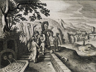 アイザックとレベッカの結婚。17世紀に出版された聖書に掲載されていた版画。 作： Unknown artist