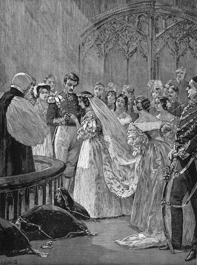 ヴィクトリア女王（1819-1901）とアルバート王子（1819-1861）の結婚（2月10日、セント・ジェームズ城のロイヤル・チャペルにて）。 作： Unknown artist