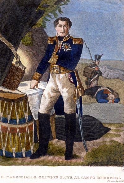 1813年のドレスデンの戦いでのローラン・マルキ・ド・グヴィオン・サン・シル元帥（1764～1830） エングレーヴィング 19世紀 作： Unknown artist