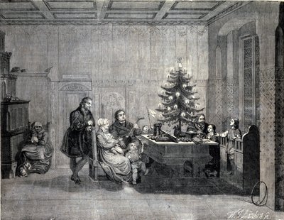 Martin Luther (1483-1546) ドイツの宗教改革者が家族と一緒にクリスマスを祝う様子。19世紀のエングレーヴィング 作： Unknown artist