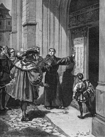ヴィッテンベルクで95ヶ条の論題を掲げたマルティン・ルター（1483-1546）。 作： Unknown artist