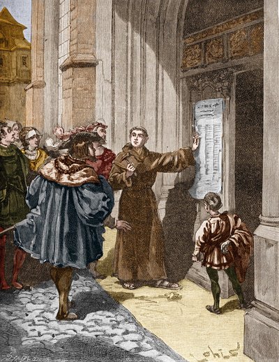 ヴィッテンベルクで95ヶ条の論題を掲げたマルティン・ルター（1483-1546）。 作： Unknown artist