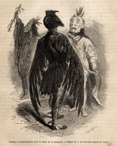 ナヤ・インディアンの薬の踊りのための仮面と変装。1855年にG.カトリンがコロンビアとミズーリ州上部の盆地のインディアン部族の間で行った旅行を説明するために描いたもので、「le tour du monde」に掲載された。 作： Unknown artist