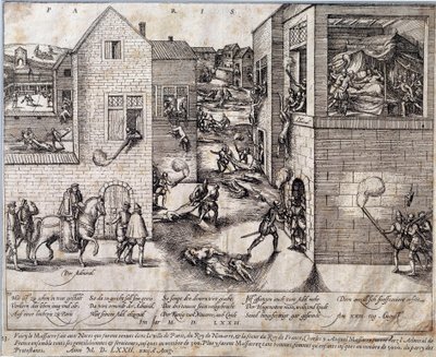 1572年8月24日の夜、パリで行われたサン・バルテルミー（聖バルテルミー）の虐殺。16世紀のエングレーヴィング。ポー、ミュゼ・デュ・シャトー 作： Unknown artist