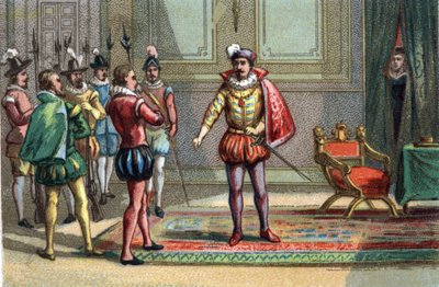 サン・バルテルミーの虐殺、コンデ公とナバラ公はフランス王シャルル9世（1550-1574）のもとに連れてこられ、ミサか死かの選択を迫られた。その様子を観察するカトリーヌ・ド・メディシス（カテリーナ・ド・メディチ）（1519-1589）。クロム 作： Unknown artist