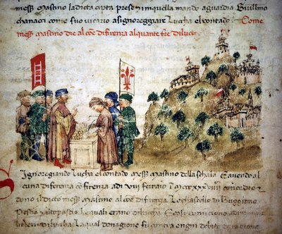 Mastino II de la Scala (1308 - 1351)が、1300年頃、ルッカからフィレンツェ市に土地を与える-1400年頃の "Croniche del Sercambi "にて。National Archive, Lucca. 作： Unknown artist