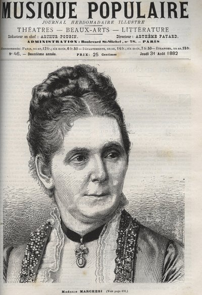 Mathilde Marchesi (1821-1913) ドイツのメゾ・ソプラノ - 輝かしい週刊紙 "Popular music "に掲載された彫刻 - 1882年 作： Unknown artist
