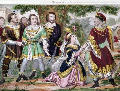 マゼッパの停止1819年に出版されたバイロン卿の詩「マゼッパ」の挿絵。19世紀の作品。 作： Unknown artist