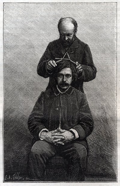 アルフォンス・ベルティヨン（1853-1914）の「ベルティヨン・ナージュ」と呼ばれる手法に基づき、警察庁が行った頭部の最大幅の測定。ラ・ナチュレ」誌に掲載された版画 作： Unknown artist