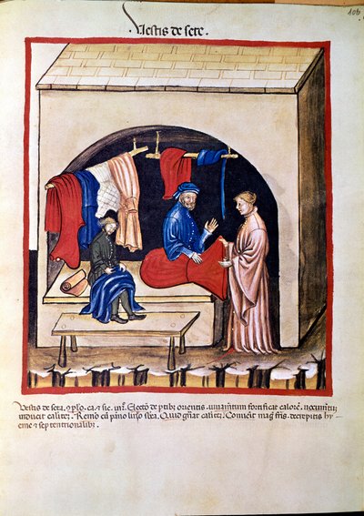 薬の売買：「絹織物の商人」 「Tacuinum sanitatis」（Cod.ser.nov.2644）より引用 1400年頃 ウィーン、オスターリッシュ国立聖書館 作： Unknown artist