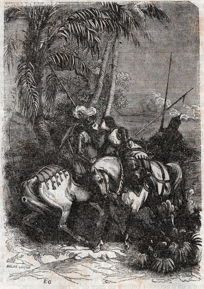 マルフィス（Marfisa）、アストルフェ（Astolfo）、サンソネット（Sansonetto）の出会い-1851年の版画（ルドヴィコ・アリオストの「Roland furieux」（Orlando furioso）（16世紀）より）、通称「アリオスタ」-トレッサン伯爵がイタリア語から翻訳した版。 作： Unknown artist