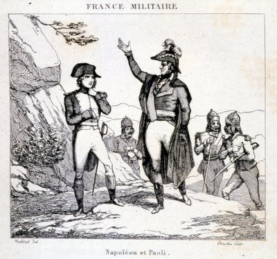 ナポレオン・ボナパルトとコルシカ島の愛国者パスカル・パオリ（1725-1807）の出会い。19世紀のエングレーヴィング。 作： Unknown artist
