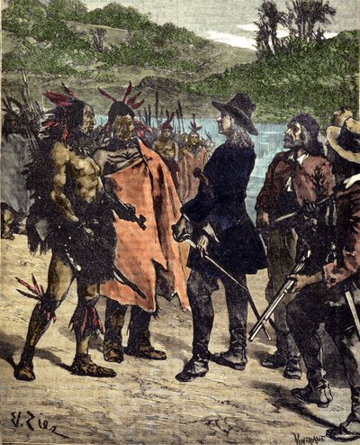 ロバート・カベリエ・ド・ラ・サール（1643-1687）とアメリカのインディアンとの出会い。19世紀のエングレーヴィング。 作： Unknown artist