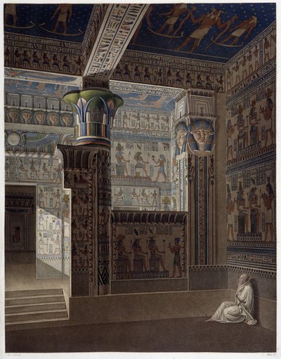 メムノニウム・テーベ、pl 37：西の神殿のカラフルな内部透視図-「Egyptian Antiquites」、sd.19世紀 作： Unknown artist