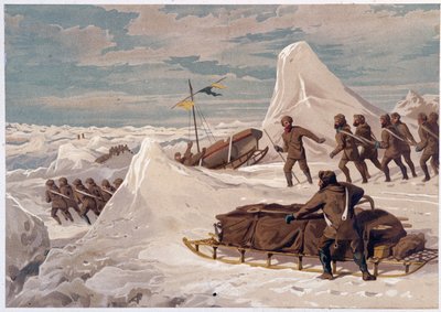 人とソリ - エドワード・ムース博士著「極海の岸辺、北極探検の物語」（Marcus Nard & Co, London）より 作： Unknown artist