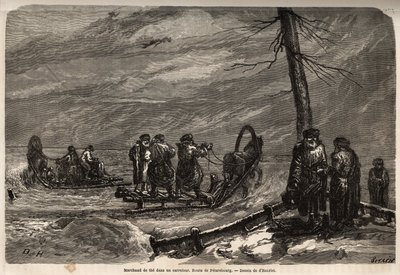 サンクトペテルブルクへ向かう道の雪の十字路にいる救急隊員の商人。アンリエが1851年から54年にかけてロシアのバルト地方を旅行した際に描いたもの。エドゥアール・シャルトン編『世界旅行』に掲載されている図版 作： Unknown artist