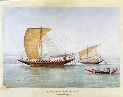 古代エジプトのナイル川に浮かぶ商船（水彩画 作： Unknown artist