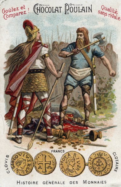 Merovingiens：486年、ソワソンの船を壊した兵士を撃墜するクローヴィス1世。コインの一般的な歴史にて。19世紀末のチョコレート色のクロモリトグラフ。個人蔵。 作： Unknown artist
