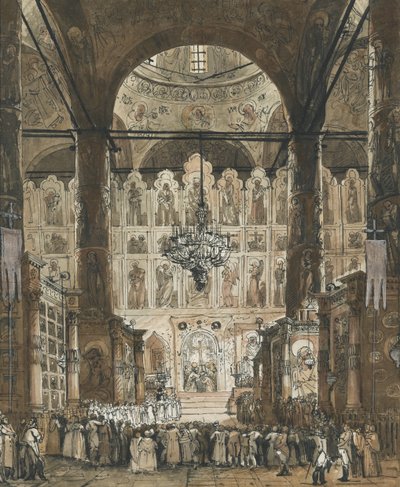 "Messe a la cathedrale de la Dormition du kremlin a Moscou, Russie" (モスクワのクレムリンにあるドーミション大聖堂でのミサ) 1850年頃 アノニマス・グワッシュ コレクション・プライヴェート 作： Unknown artist