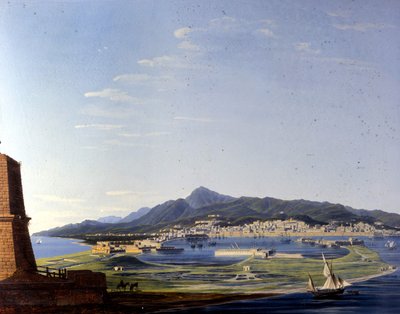海峡から見たメッシーナ。19世紀の匿名の絵画。 作： Unknown artist