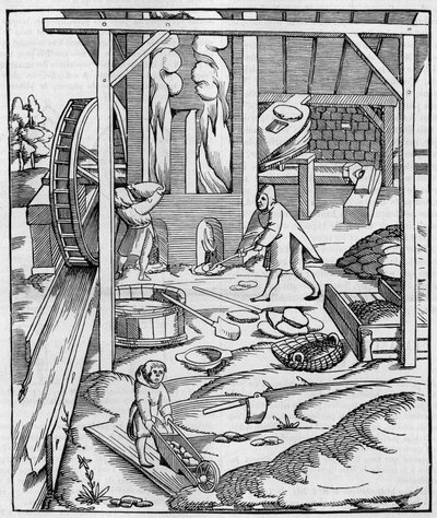 油圧モーターで作動する金属炉の送風機。Sebastien Munsterの "Cosmographie"(1555年)に掲載された版画のFac simile(縮小版)。10の「La Nature: revue des sciences et de leurs applications aux arts et a l