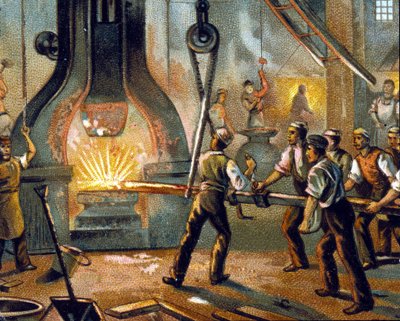 冶金：ドラムハンマー（drumhammer） - 鉄の製造。クロモリトグラフ1890年。 作： Unknown artist