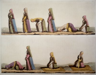 イスラム教徒の祈りの姿勢の方法。フェラーリオによる「古今東西の衣装」1819-1820で。 作： Unknown artist