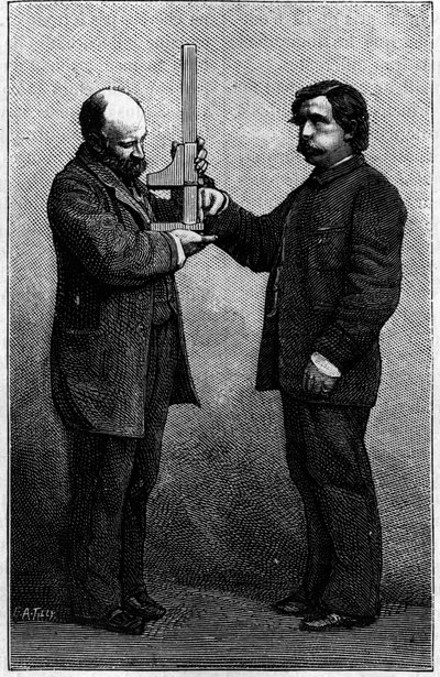 フォントの識別方法：スライド式コンパスによる中指の測定。1883年8月25日の "La Nature: revue des sciences et de leurs applications aux arts et a l
