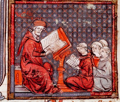 中世の時代。「哲学の授業、教師と生徒」 ミニチュア 「Grandes Chronicles de France」1375-1379年より引用 カストル市立図書館 作： Unknown artist