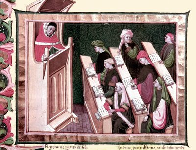中世の時代。大学での授業15世紀初頭の手稿。フィレンツェ中央公文書館。 作： Unknown artist