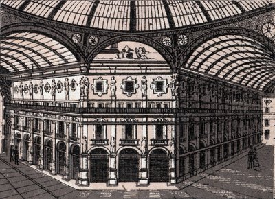 イタリア・ミラノ：ヴィクトル・エマニュエル画廊（ヴィクトル・エマニュエル・アーケード）の風景。『世界図説168景』より。 作： Unknown artist
