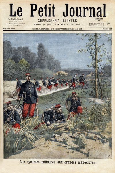 大演習での軍用自転車乗り。1896年9月20日の「Le petit journal」に掲載された版画。セルバのコレクション。 作： Unknown artist