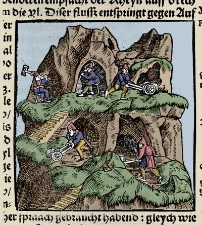 15世紀の鉱山の様子。ヨハン・シュトゥンプフの「Den Edlen Strength Besten Fromen」からの版画。 作： Unknown artist