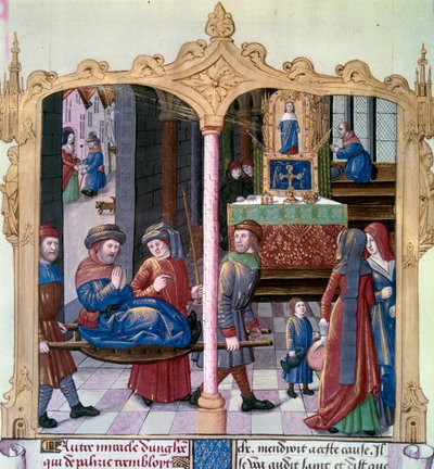 サン・ルイの奇蹟。国王ルイ9世（1214-1270）が麻痺した人を治療した。15世紀の写本「事実の書 モンシニョール サン・ルイ」のミニチュア。パリ、B.N 作： Unknown artist