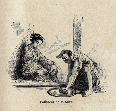鏡の研磨機。1863-1864年の日本への航海を説明するためのエングレーヴィング（スイス連邦公使Aime Humbertによる）、「Le tour du monde, nouveau journal des voyages」（エドゥアール・シャルトンの指揮で出版されたもの 作： Unknown artist