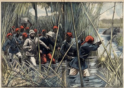 Mission Marchand (1896-1899) to Fachoda (Sudan): フランス人のBaratier (1864-1917) 大尉と彼の部隊は湿地帯をFachodaに向かって進んでいた。バラティエ大尉の日誌による）。11月6日付「ル・ペレラン」紙に掲載されたイラスト 作： Unknown artist