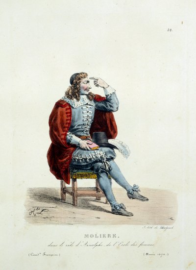モリエールが1670年に上演した作品「女の学校」のアルノルフ役の衣装。Hippolyte Lecomte（1781-1857）のフランス喜劇の衣装。19世紀のエングレーヴィング。襟を立てる。レッツゴー。 作： Unknown artist