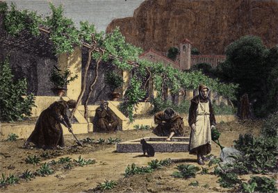 修道院の菜園：庭で野菜を育てる修道士たちの庭。19世紀のエングレーヴィング 作： Unknown artist