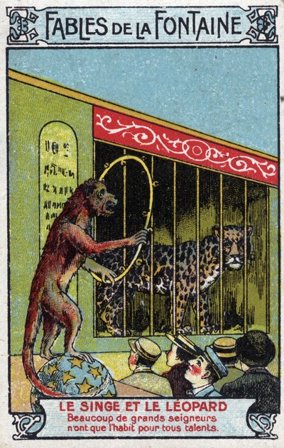 ジャン・ド・ラ・フォンテーヌ（1621-95）の寓話「猿と豹」-19世紀末のコロリトグラフ 個人蔵 作： Unknown artist