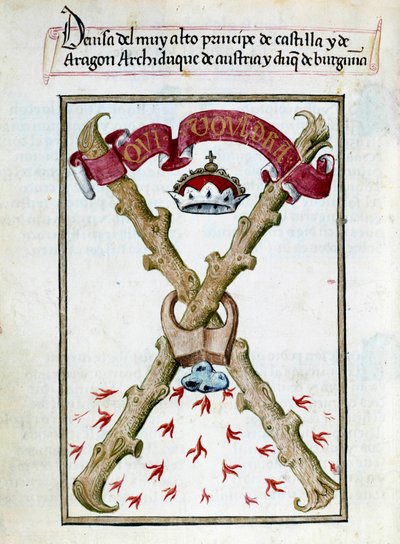ブルゴーニュ公爵家の標語。ペドロ・マルクーロの「スペイン女王ジョアン・ジ・フォル（1479-1555）の献身コレクション」（"Devocionario de la Reyna Da Juana a Quien Llamaron la Loca"）から抜粋された写本のページ 15世紀 シャンティイ、コンデ美術館 作： Unknown artist