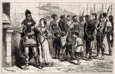 この悲しい光景に心を動かされたテオデシルデ（ティエリー1世の娘）（534年没）は、捕虜の命と自由を願い出た-オスカー・ハヴァールの「Les Femmes Illustres De La France」に掲載された彫刻-1886年 作： Unknown artist