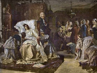 ヘルマン・コールバッハ（1846-1909）が描いたモーツァルトの最後の日 - Gli ultimi momenti di Mozart - Wolfgang Amadeus Mozartの最後の日 - 名門週刊紙「Popular Music」に掲載された版画 - 1882年 作： Unknown artist