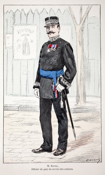 ルディルさん、カーサービスのピースオフィサー。アルフレッド・レイ(1864-)とローがセーヌ川警部のルイ・ルピーヌ(1846-1933)の後援で出版した本「平和の戦士たちの歴史」の挿絵のためのカラー・エッチング。 作： Unknown artist