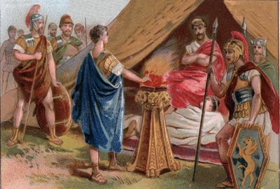ポルセンナ以前のムシウス・スカエヴォラ（Mucius Scaevola before Porsenna）。ポルセンナの王室親衛隊に捕らえられたローマの若きパトリキアン、カイウス・ムシウス・スカエヴォラ（Porsinna, Porsena) 作： Unknown artist