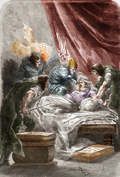 ガルスウィンテ(Galsuinde)(ガルスウィンテ)の殺人(545年頃～567年)、ネウストリアのフランク族の女王、チルペリック1世(フランク族の王)の妻。Histoire De France En Cent Paintings by Paul Lehugeur "1891 "に掲載されたエングレーヴィング 作： Unknown artist