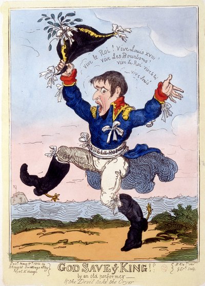 ナポレオン1世がルイ18世の出現を祝して「Vive le roi」を唱える-風刺画集「Napoleon 1er」にて 作： Unknown artist